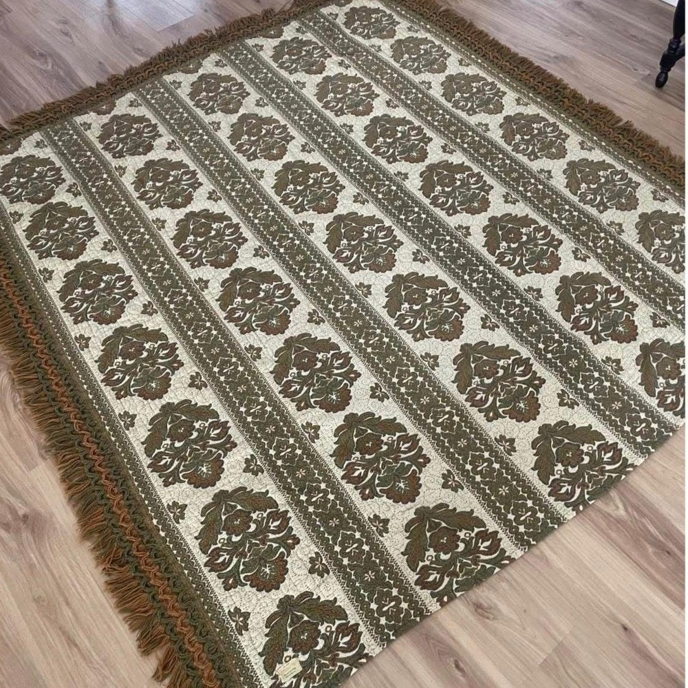 Vintage Italian Jacquard Bedspread Brentwood Originals Fringed Green Gold MCM